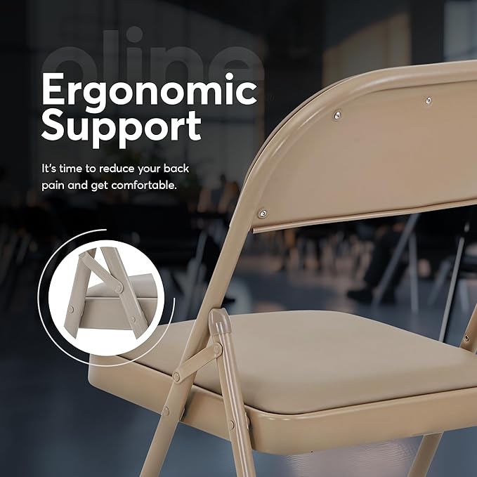 Oline Vinyl Folding Chairs, Padded Vinyl Cushion Chairs with Durable Metal Frame, Indoor Outdoor Stackable Foldable Guest Chairs for Office Wedding Kitchen Dining, 300lb Capacity (Khaki, 1 Pack)