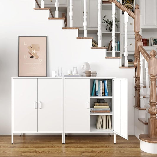 Metal Storage Cabinet with Doors and Shelves,Multipurpose Storage Rack, 3-Tier Shelf,Metal Locker Style Accent Cabinet for Home Office,Living Room,Kitchen(White, 40''H)