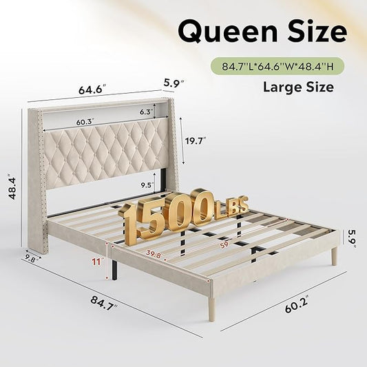 WLIVE Queen Size Upholstered Bed Frame with Storage Headboard, Velvet Square Tufted Platform Bed with Charging Station, Sturdy Metal & Wooden Slats Support, No Box Spring Needed, Beige