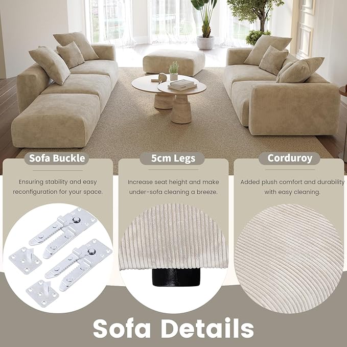 Oversized Modular Sectional Sofa with Ottomans,5 Seater Corduroy L Shaped Reversible Corner Couch,181.1" Convertible Sofa & Couch Free Combination for Living Rooom,Beige