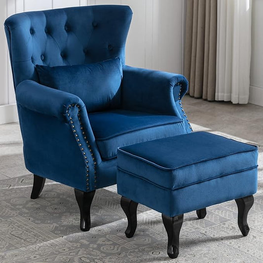 Accent Reading Arm Chairs with Ottoman for Living Room Bedroom, Midcentury Modern Comfy Corner Sofa Chair, Wingback Waiting Room Club Chair with Button Tufted Back &Lumbar Pillow, Velvet Blue