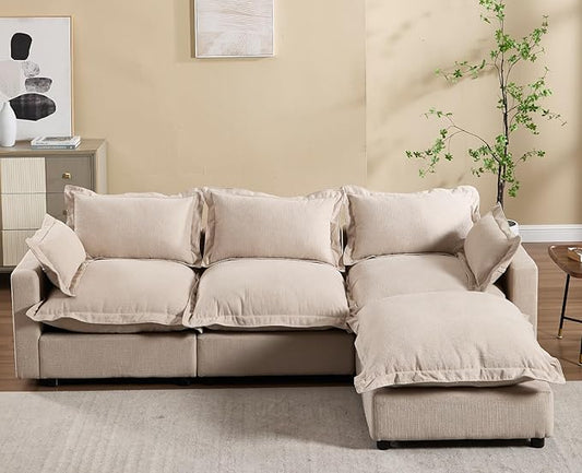 chairus 97" Modular Sectional Sofa with Moveable Ottoman Upholstered Deep Seat Linen Couch Set with Soft Pillows L-Shape Sofa Couch for Living Room, Apartment, Reception Room, 3-Seater/Oatmeal