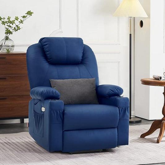 MCombo Dual Motor Large Power Lift Recliner Chair for Elderly, Lay Flat Lift Chair with Heat and Massage, Big Lift Recliner for Tall People, Faux Leather 7815 (Blue, Large)