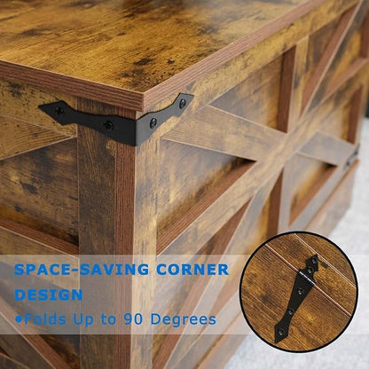 Farmhouse Coffee Table Set of 3, Lift Top Coffee Table with Sliding Barn Doors and Nightstands Set of 2 with Charging Station, Living Room Table Set for Home Office, Brown