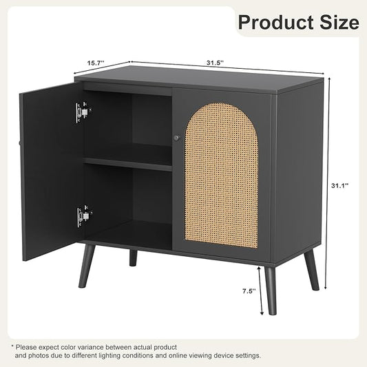 Rattan Storage Cabinet, 2-Door Boho Sideboard in Black, Adjustable Shelf, Elegant Rattan Buffet Cabinet with Storage for Stylish Home Organization 31.5" Black