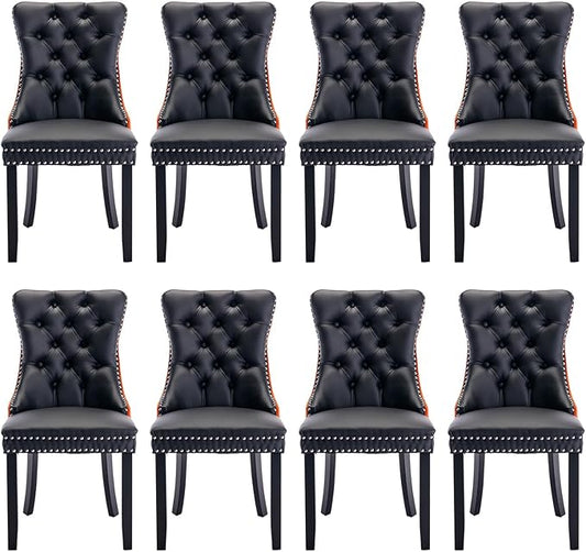 Leather Upholstered Dining Chairs Set of 8, Modern Style Kitchen Side Chairs with Nailhead Trim and Wood Leg, Metal Pulling Ring for Dining Room Living Room