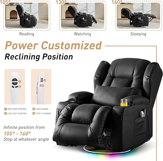 Power Swivel Rocker Recliner Chairs, Electric Wall Hugger Reclining Sofa with Massage & Heat, Comfy Theater Seating Single Chair with LED Light/USB/Type-C Ports (Leather Black, Set of 2)