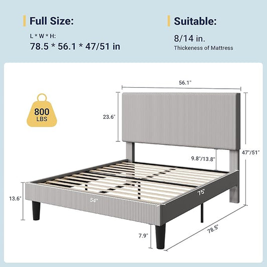 Allewie Full Size Upholstered Bed Frame with Vertical Channel Tufted Headboard, Soft Corduroy Fabric Platform Bed, Strong Wooden Slats Support, Easy Assembly, No Box Spring Needed, Light Grey