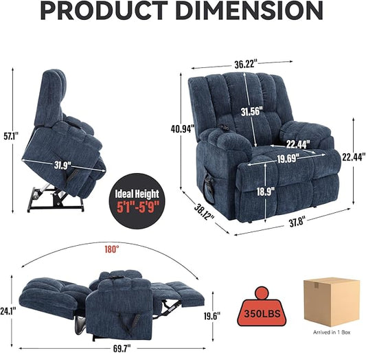 Power Lift Recliner Chair for Elderly, Oversized Chenille Electric Recliners Chairs for Living Room, Dual Motor 180° Lay Flat Recliner Big Sofa with Massage and Heating, Heavy-Duty, Blue