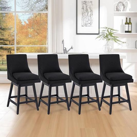 Bar Stools Set of 4, 26 Inch Upholstered Barstools with 14.2" High Back and Footrest, Swivel Counter Height Barstools for Kitchen Island Home Bar Performance Fabric Black