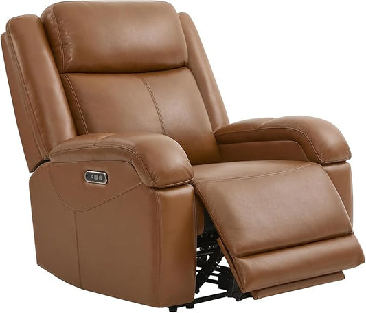 Watson & Whitely Oversized Genuine Leather Power Recliner Chairs for Big and Tall, Wall Hugger Recliner with Power Headrest & Charging Ports, Extra Large Reclining Chair for Living Room, Saddle Brown