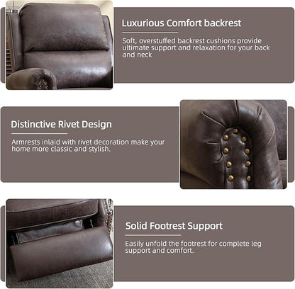 Push Back Recliner Chair Faux Leather Lounge Armchair with Rivet Decoration Wingback Single Sofa Chair with Padded Seat Solid Wood Legs for Living Room, Comfy Upholstered Set of 2, Dark Grey