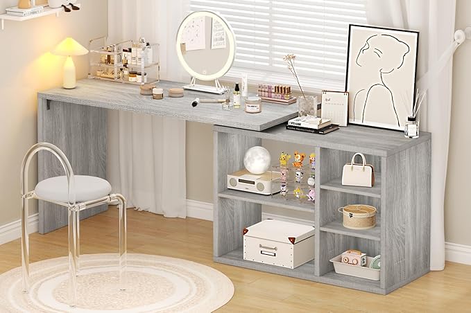 HSH Gray L Shaped Corner Desk with Storage Shelves, Reversible L Shape Computer Desk with Storage Cabinet, Adjustable Corner Home Office Desk for PC Executive Writing Study Work, Light Grey, 55 Inch