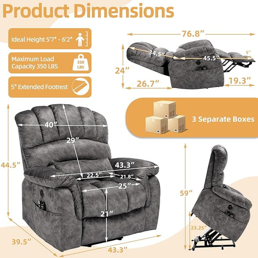 Tall Man Oversized Dual Motor Power Lift Recliner w/Heat Massage, Large Lay Flat Sleeper Electric Recliner with Extended Footrest for Elderly, Lumbar Pillow, USB & Type-C Ports, Plush-Gray