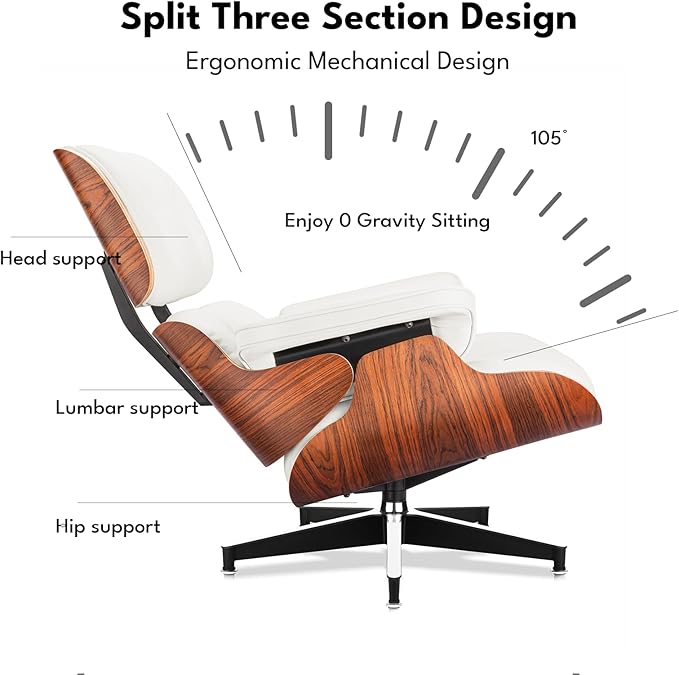 Top Grain Leather, Mid Century Chaise Lounge Chair and Ottoman, Modern Chair Classic Design, Heavy Duty Base Support for Living Room Study Lounge Office, Palisander-White