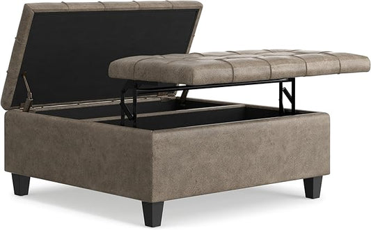 SIMPLIHOME Harrison Coffee Table Storage Ottoman - 36 inch Wide Upholstered Faux Leather Square Lift-Top Ottoman in Distressed Smoky Grey Brown, Transitional Ottoman for Living Room with Storage