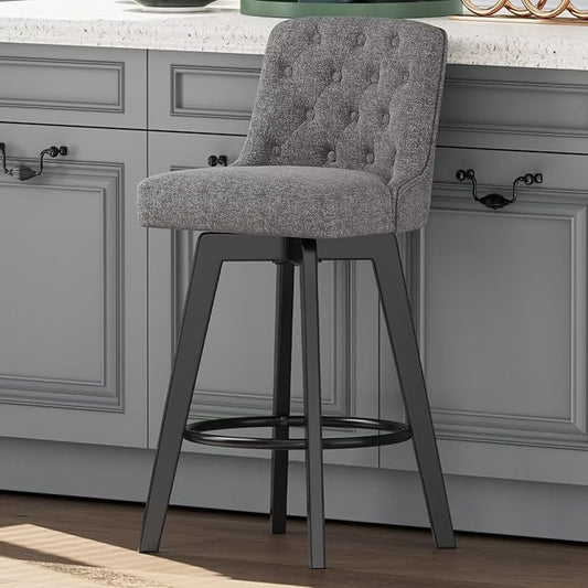 MINCETA Bar Stool, 30 Inch Upholstered Barstool with Low Tufted Back and Footrest, Swivel Counter Height Barstool for Kitchen Island Home Bar Performance Fabric Gray