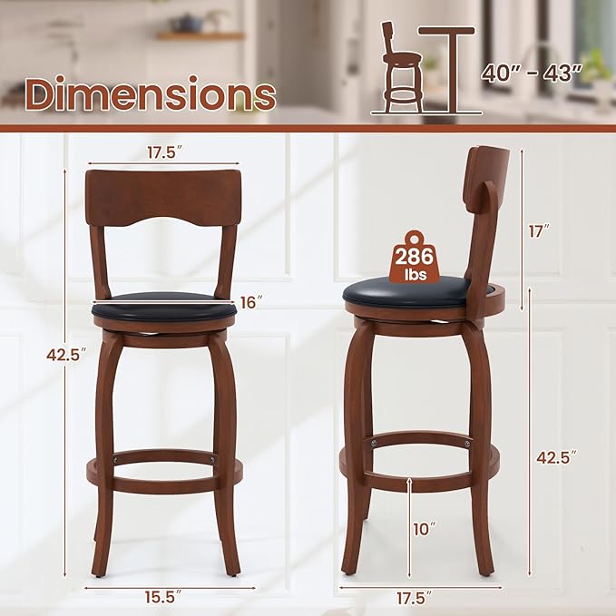 COSTWAY Bar Stools Set of 2, 29 Inch Swivel Bar Height Chairs with Rubber Wood Frame, Upholstered Seat, High Back Barstools for Kitchen Island, Home Bar, Pub, Brown (2, Seat Height: 29”)
