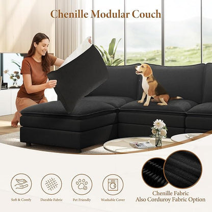Vesgantti 108" Sectional Sleeper Sofa, 6-Seater Oversized Modular Cloud Couch with Movable Ottoman, Chenille Large Sofa Bed Convertible Deep Seat Couches for Living Room, Bedroom and Apartment, Black
