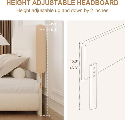 Full Size Cloud Bed Frame, Upholstered Boucle Platform Bed with Adjustable Headboard, Anti-Collision Soft Rounded Corners, Noise Free, Easy Assembly, Cream