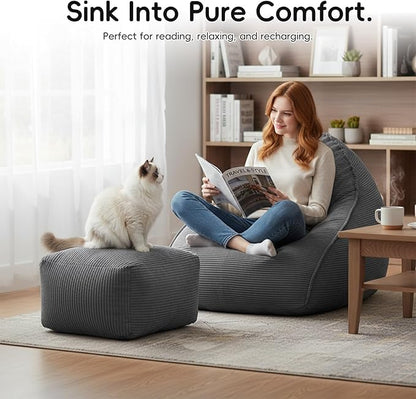 Cloud Bean Bag Chair with Ottoman for Adults, Comfy Corduroy Chaise Lounge Chair with High-Resilience Foam, Oversized Boneless Reading Chair for Bedroom & Living Room