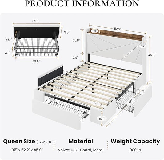 SHA CERLIN Queen Bed Frame with 3 Drawers, USB & Type-C Charging Ports, Velvet Upholstered Platform Bed with Modern Geometric Wingback Storage Headboard, No Box Spring Needed, Easy Assembly, White
