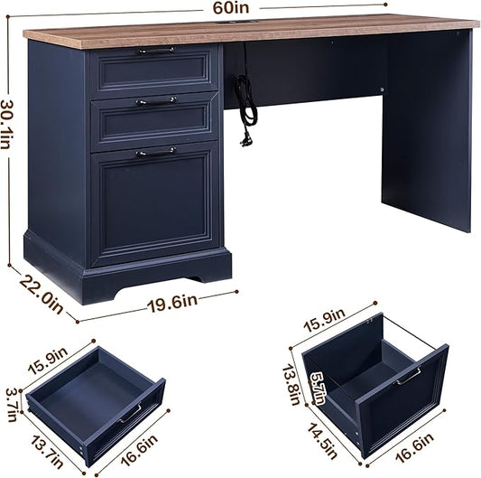 60" Farmhouse Executive Desk with Charging Station,Home Office Desk with 2 Drawers &1 File Cabinet,Fluted Computer Desk for Office and Home (Blue)