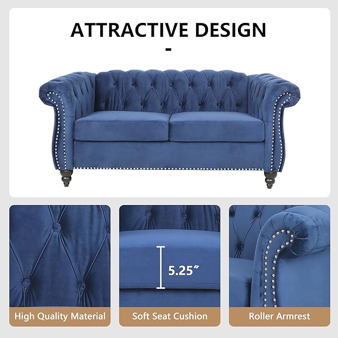 Velvet Loveseat Sofa, Mid Century Modern Upholstered Couch, 62" Oversized Comfy 2 Seater Love Seat Couch with Cushions, Tufted Chesterfield Sofa for Living Room, Bedroom, Apartment (Blue)