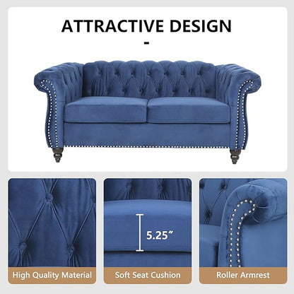 Chesterfield Loveseat Sofa, Modern Velvet Small Sofa Couch 2 Seater with Rolled Arms and Nailhead, Mid Century Modern Loveseat Couch for Small Spaces Living Room Bedroom Apartment, Blue