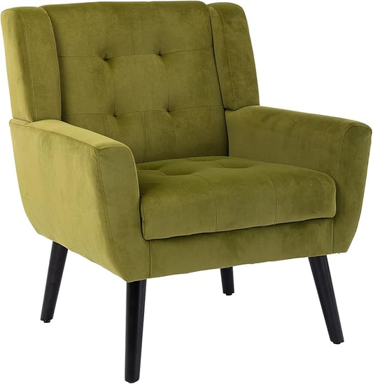 Dolonm Midcentury Modern Accent Chair with Arms, Upholstered Fabric Reading Side Chair Tufted Back Decorative Wingback Chair for Living Room Bedroom (Green)