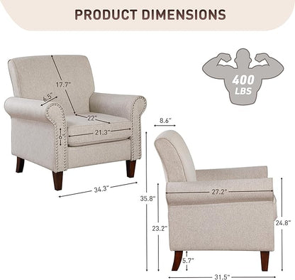 Prilinex Upholstered Living Room Chair Set of 4 - Large Comfy Fabric Accent Chair Single Sofa with Cushion, Rolled Armrest & Nailhead Trim, Mid Century Farmhouse Armchair for Bedroom, Office, Beige