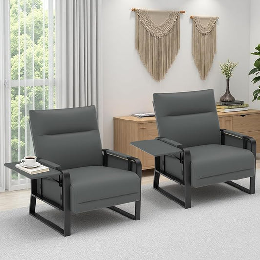 Upholstered Accent Chairs Set of 2, Modern Faux Leather Sofa Chairs with Foldable Side Tray Table & Storage Pocket, Small Accent Sofas for Living Room, Bedroom, Gray