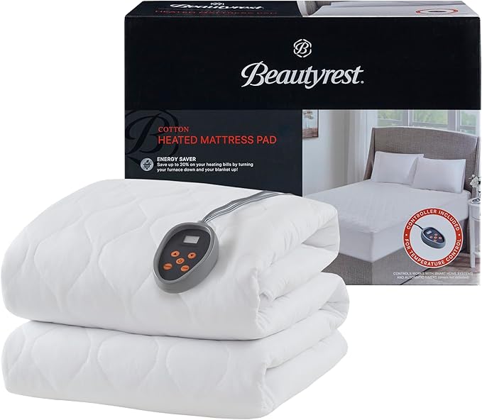 Beautyrest Cotton Heated Mattress Pad - Bed Warmer with 20 Heat Settings Controller, Auto Shut Off Timer, All Around Elastic Deep Pocket, UL Certified, Machine Washable, White Twin