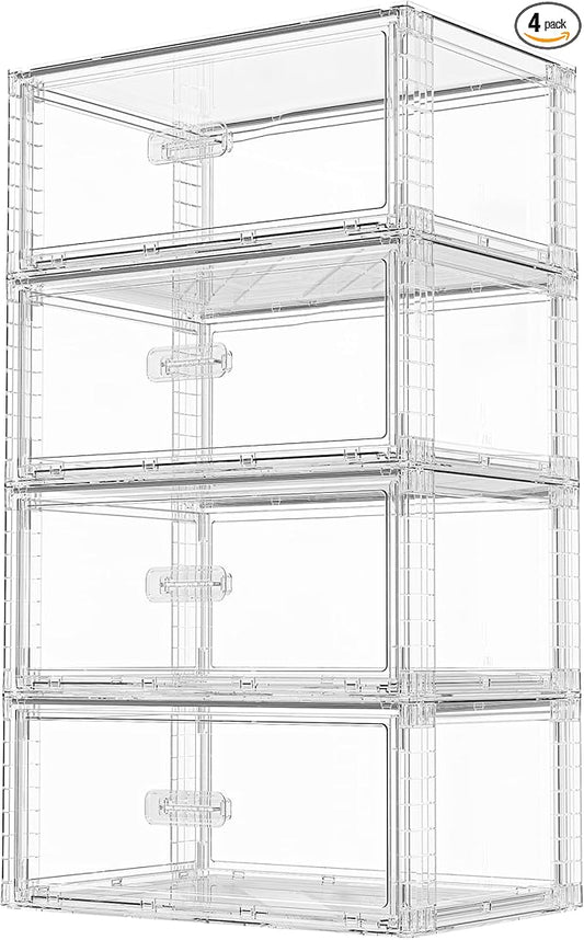 Vtopmart 4 Pack Large Clear Stackable Storage Drawers 27QT, Easily Assemble Plastic Closet Storage Bins, Dust-Proof UnderBed Organizer for Clothing, Sweater Organization