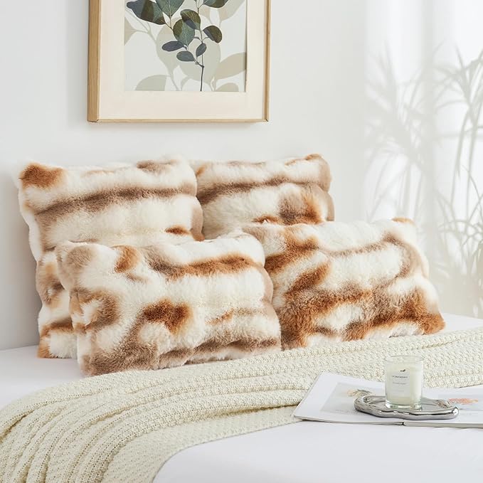 FUTEI Brown White Decorative Throw Pillow Covers 26x26 Inch Set of 2,Soft Fuzzy Faux Rabbit Fur Euro Pillow Shams with Raised Texture,Neutral Boho Home Decor for Couch Bed Living Room