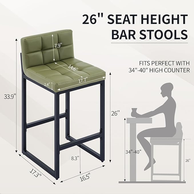 Counter Height Bar Stools Set of 4, Modern Counter Stools with Back and Thickened Metal Legs, Armless Bar Chairs for Kitchen Island (Avocado Green, 4Pcs 26" Bar Stools)
