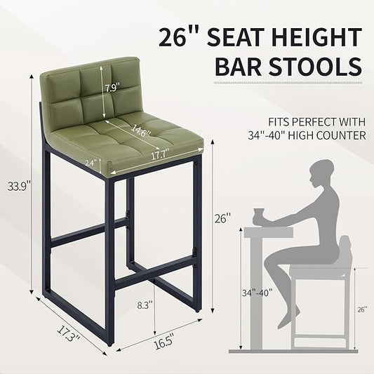 Counter Height Bar Stools Set of 2, Modern Faux Leather Counter Stools with Low Back and Footrest, Upholstered Bar Chairs for Kitchen Island, Bar, Counter (Avocado Green, 2Pcs 26" Bar Stools)