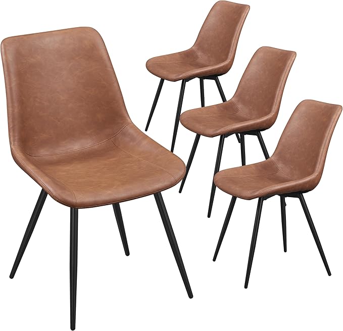 Yaheetech Dining Room Chairs Set of 4 Mid Century Modern Kitchen Chairs with Upholstered Faux Leather and Metal Legs for Dining Room, Living Room, Brown
