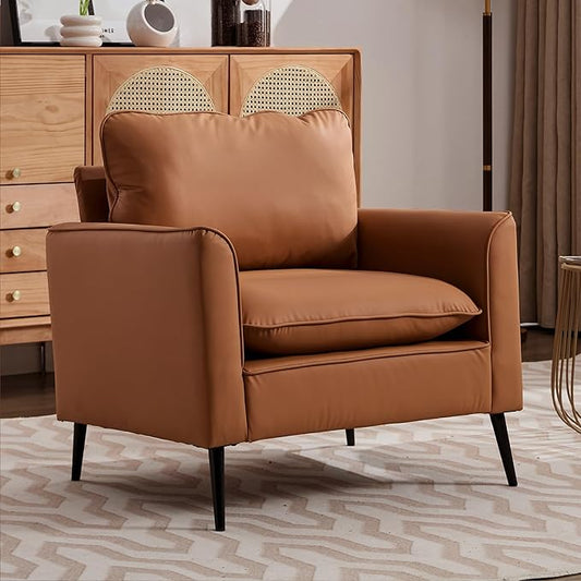YISHENG Mid-Century Modern Living Room Accent Chairs Set of 2 - Oversized Faux Leather Armchairs with Removable Cushions & Metal Legs, Comfortable Sofas for Office/Lounge/Bedroom/Reception,（Brown）