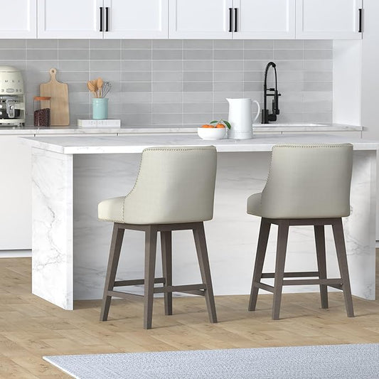 CHITA Counter Height Swivel Bar Stools Set of 2, FSC Certified Upholstered Counter Stools, Modern Swivel Barstools with Wood Legs for Kitchen Island, 26" Seat Height, Fabric in Linen