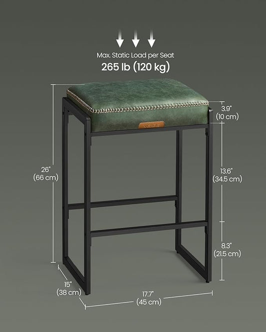 VASAGLE EKHO Collection - Bar Stools Set of 2, Counter Height Bar Stools, Synthetic Leather with Stitching, Mid-Century Modern Counter Stools, 26-Inch Tall, Kichen Home Bar Dining Room, Forest Green