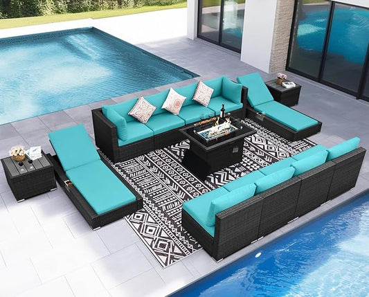 NICESOUL 13-Pieces Outdoor Patio Furniture Firepit Set, High-End Big Group Full Patio Set with Lounge Chairs, Weather-Resistant Wicker Backyard Pool Sofa and Chaise Comfy Deep Sitting, Grey&Turquoise