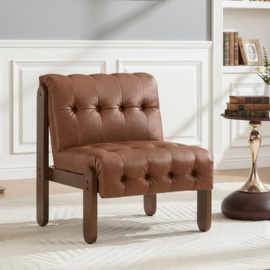 HEAH-YO Accent Chair Set of 1,Modern Vintage Living Room Chair for Bedroom with Button Tufted Back and Wood Legs,Upholstered Comfy Reading Chair for Makeup Vanity Cafe,PU Brown