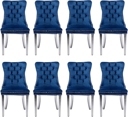 Velvet Upholstered Dining Chairs Set of 8, Modern Style Kitchen Side Chairs with Nailhead Trim and Silver Plated Leg, Metal Pulling Ring for Dining Room Living Room(Blue)