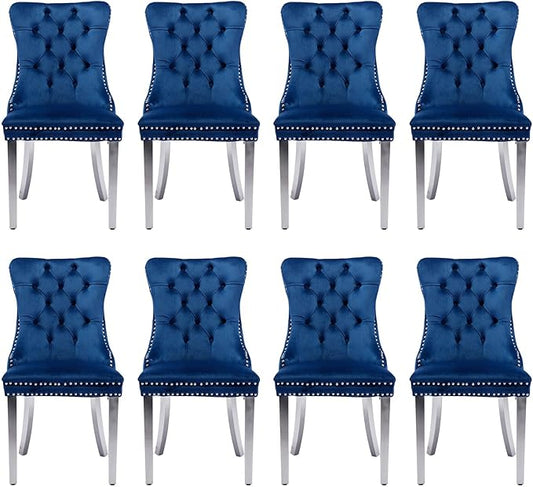 Velvet Upholstered Dining Chairs Set of 8, Modern Style Kitchen Side Chairs with Nailhead Trim and Silver Plated Leg, Metal Pulling Ring for Dining Room Living Room(Blue)
