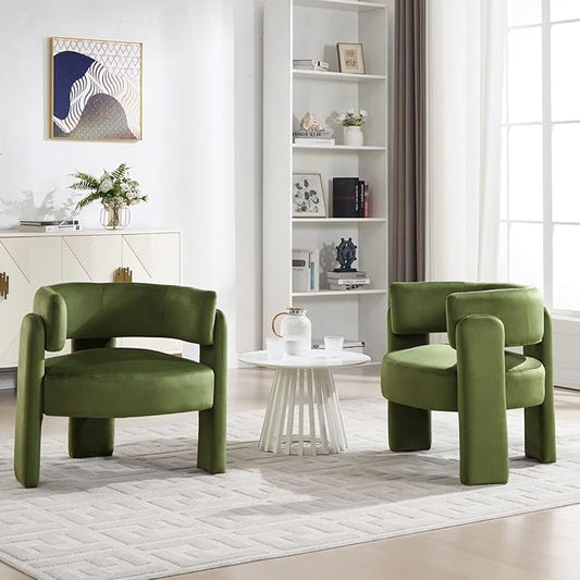 Set of 2 Accent Chairs with Arms, Upholstered Barrel Armchair with Curved Back, Comfy Single Side Chair for Reading, Living Room, Home Office, Green