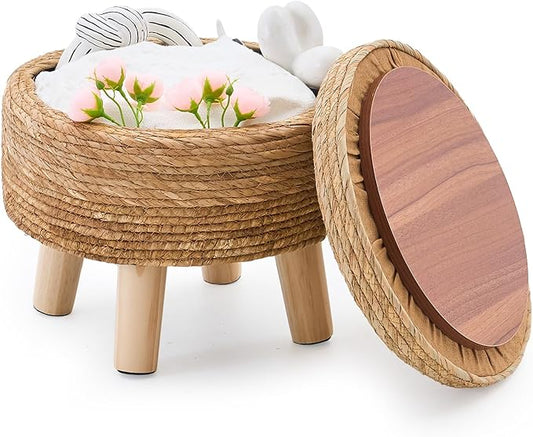 Cpintltr Storage Ottoman Poufs Handwoven Footstool Natural Seagrass Round Footrest Stool with 4 Wood Legs Soft Padded Outdoor Seat for Hallway Lounge Bedroom Garden