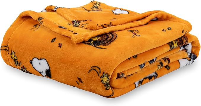 Berkshire Blanket Peanuts® VelvetLoft® Cute Character Snoopy Plush Blanket,Snoopy and Woodstock Fall Birds & Leafs Orange,Full/Queen 90 in x 90 in (Official Peanuts® Product)