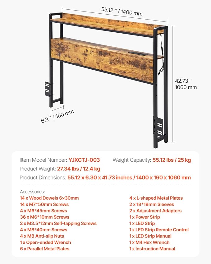 VEVOR Headboard for Full Size Bed, Adjustable Height Headboard with 2 Shelves Storage, Freestanding Head Board with Charging Station and LED Light for Different Bed Frames, Easy Assembly, Brown