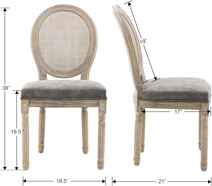 Farmhouse Leather Dining Room Chairs Set of 6 French Dining Chairs with Round Rattan Back French Bistro Chairs for Dining Room/Living Room/Kitchen/Restaurant, Grey